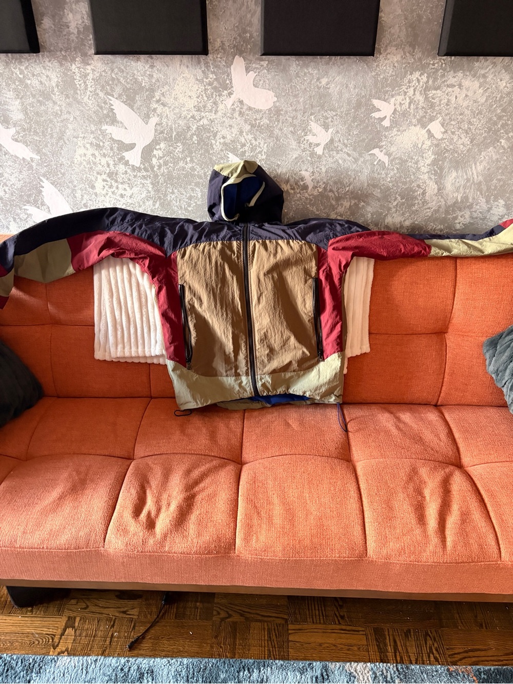 John Elliott Colorblock Hooded Windbreaker in Navy, Burgundy, Olive, and Tan